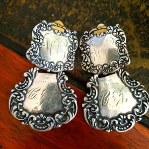 Victorian-era styled luggage tag clip- on earrings, sterling silver. Foree.